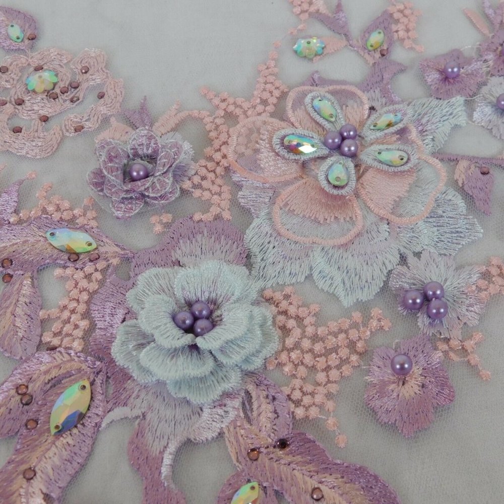 1 Piece Beaded Pearls Rhinestone Lace Applique 3D Flower Patch Motif DIY Costume